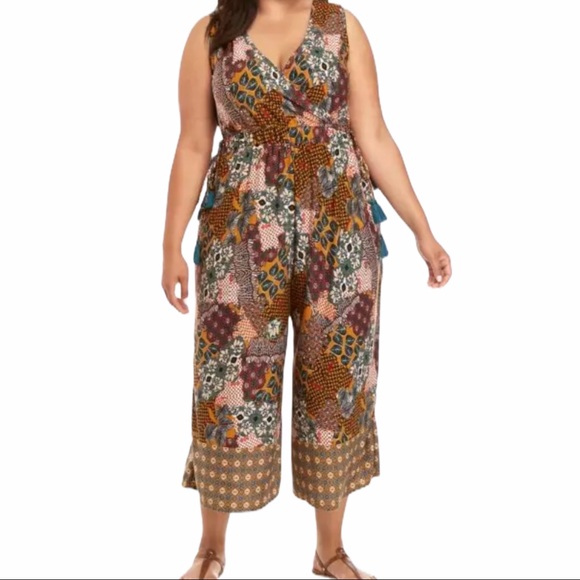 Sleeveless Patchwork Print Wide Leg Crop Jumpsuit - Picture 2 of 4